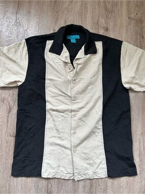 Men's 100% Silk Vintage Two-Tone Short Sleeve Button Shirt - Black & Cream